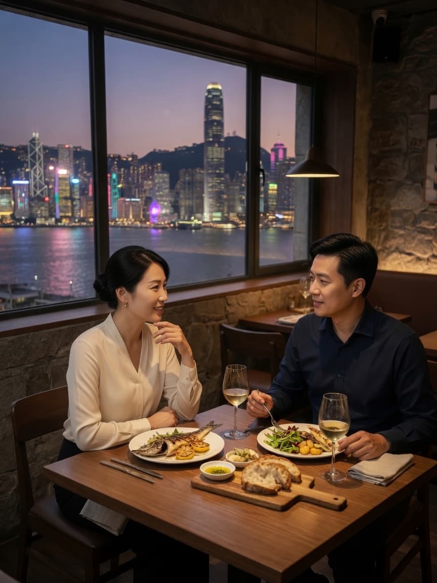 兩位約三十多歲的香港專業人士在餐廳晚飯;品牌情境示意。