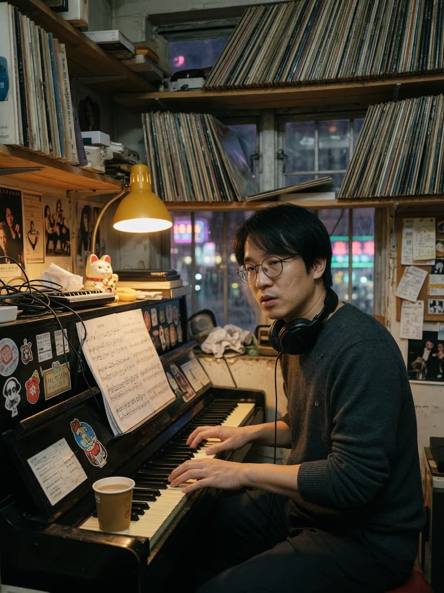 香港作曲家在家中琴房。